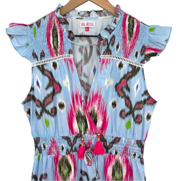 Sal Rosa Multicolor Ikat Print Tiered Maxi Dress XL Boho V-Neck Ruffle Sleeve - Picture 3 of 7